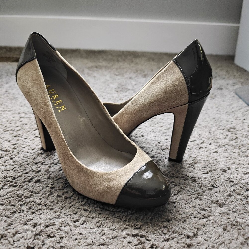 Ralph Lauren Rafita Pumps Patent Leather Suede Cap Toe Heel Gray/Taupe NEW